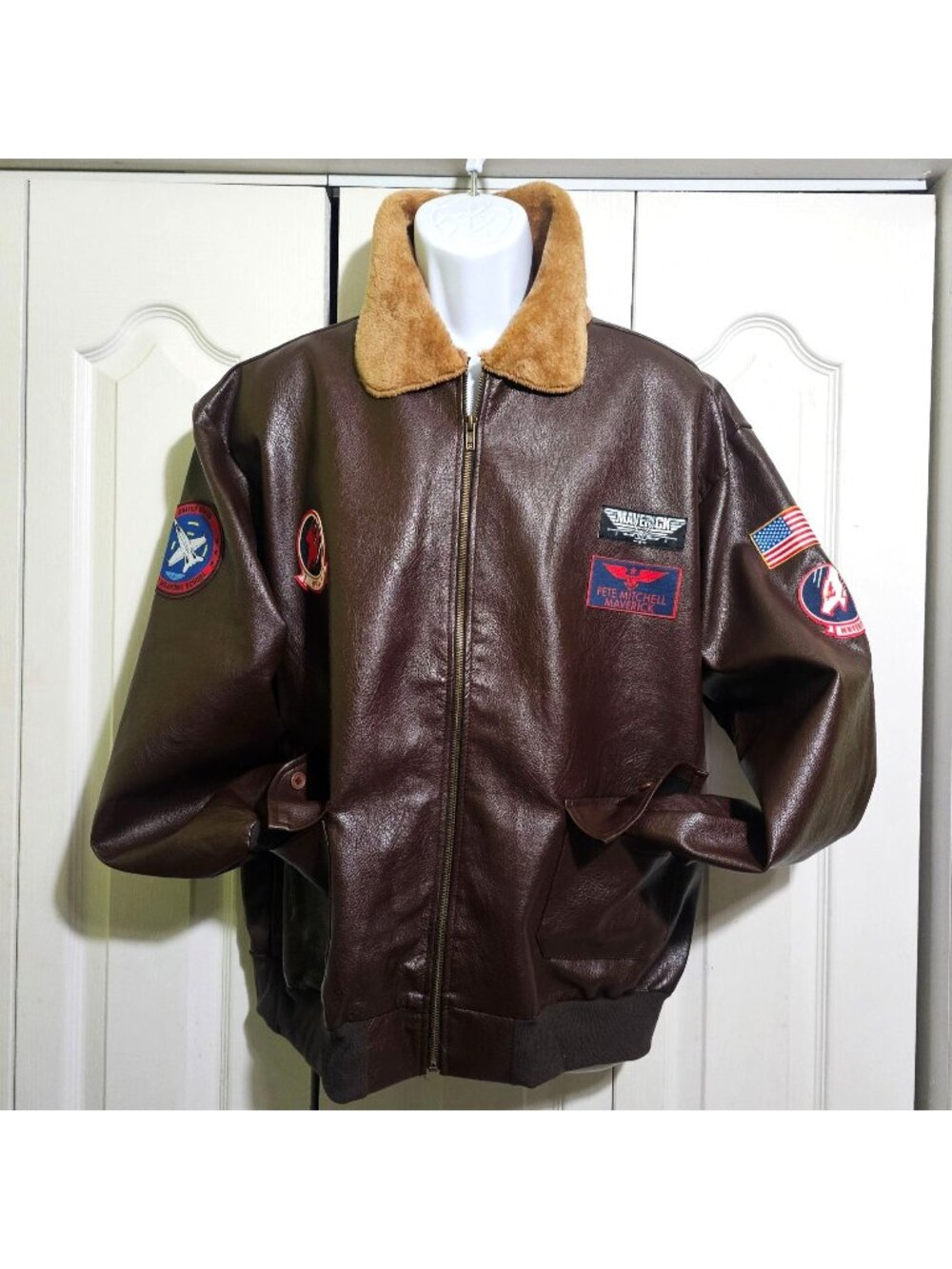Top Gun Maverick Brown Faux Leather Bomber Jacket Tom Cruise Costume Adult Plus